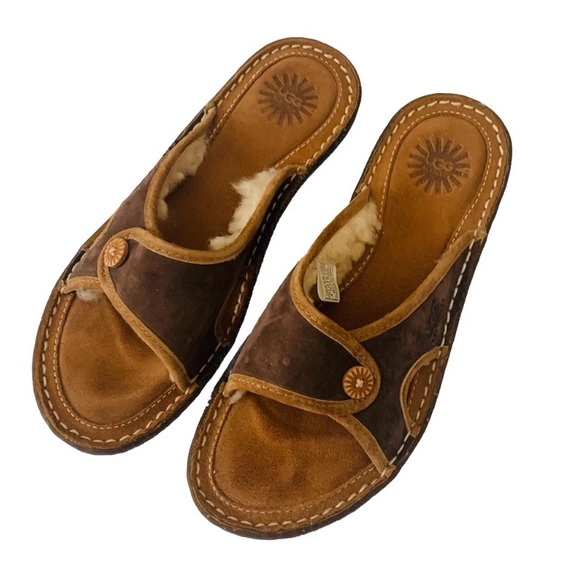 UGG Brown Suede Sandals 
Shearling Lined Women Size 8 Granolacore Cabincore - Picture 5 of 9